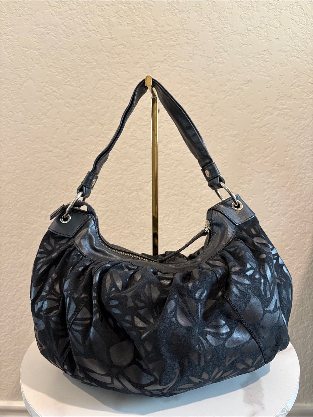 Leilian Black Floral Patterned Hobo Shoulder Bag made in Italy